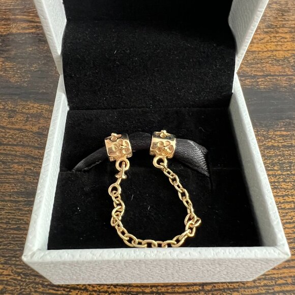 NIB Pandora 14kt gold flower safety chain protect bracelet charm #750312 - Picture 3 of 5